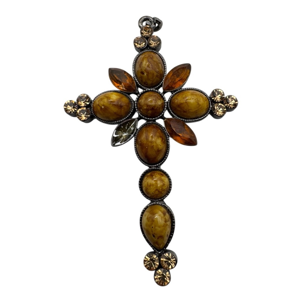 Vintage Amber-Tone Cross‎ Pendant 2.5” Rhinestone Cabochon Statement Necklace